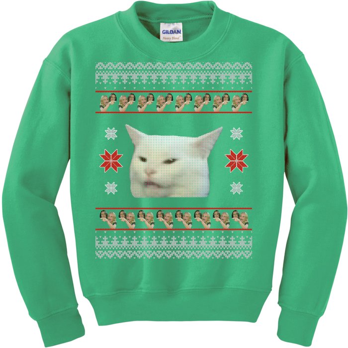 Funny Woman Yelling At Cat Meme Ugly Christmas Kids Sweatshirt