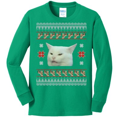 Funny Woman Yelling At Cat Meme Ugly Christmas Kids Long Sleeve Shirt