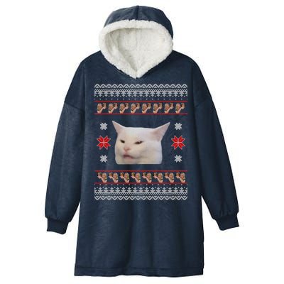 Funny Woman Yelling At Cat Meme Ugly Christmas Hooded Wearable Blanket