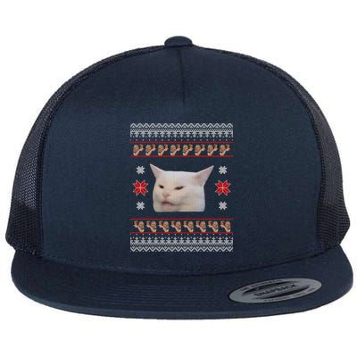 Funny Woman Yelling At Cat Meme Ugly Christmas Flat Bill Trucker Hat