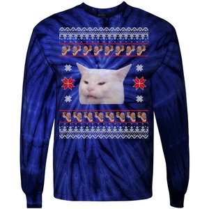 Funny Woman Yelling At Cat Meme Ugly Christmas Tie-Dye Long Sleeve Shirt