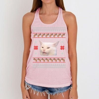 Funny Woman Yelling At Cat Meme Ugly Christmas Women's Knotted Racerback Tank