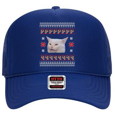 Funny Woman Yelling At Cat Meme Ugly Christmas High Crown Mesh Back Trucker Hat