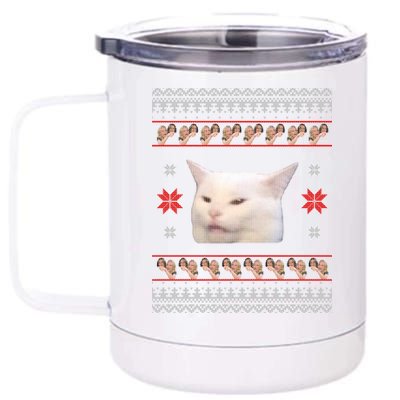 Funny Woman Yelling At Cat Meme Ugly Christmas 12 oz Stainless Steel Tumbler Cup