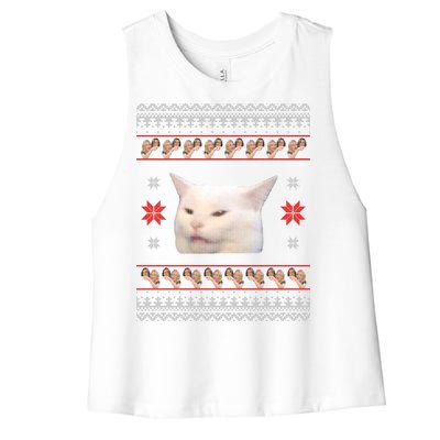 Funny Woman Yelling At Cat Meme Ugly Christmas Women's Racerback Cropped Tank