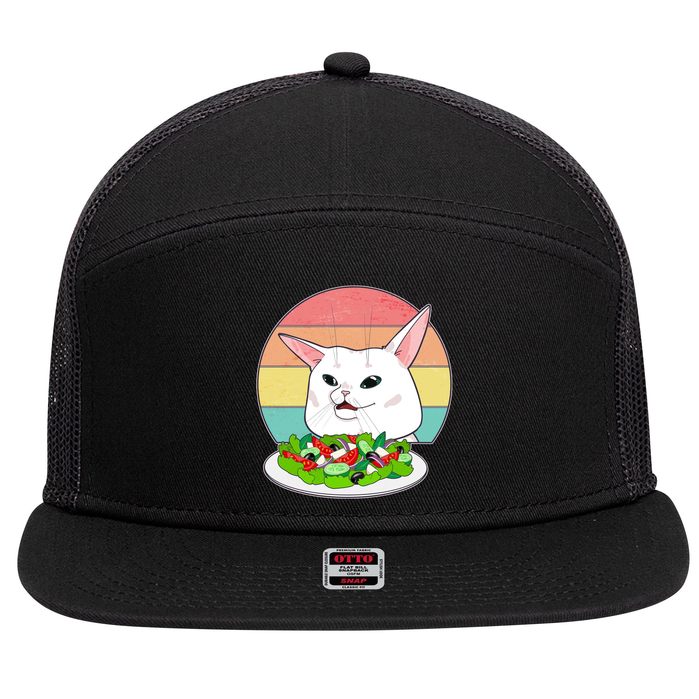 Funny Woman Yelling at Table Cat Meme 7 Panel Mesh Trucker Snapback Hat