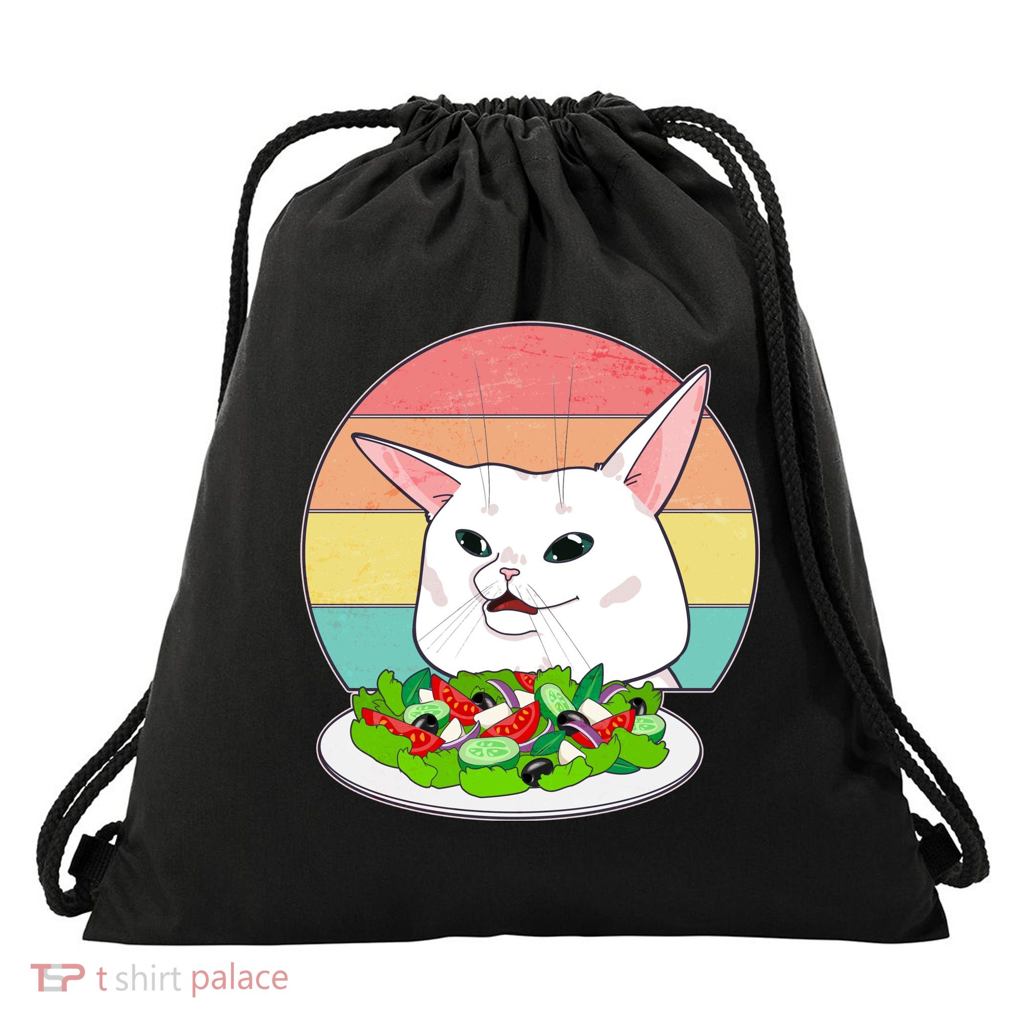 Funny Woman Yelling at Table Cat Meme Drawstring Bag