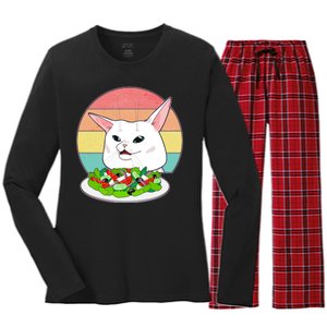 Funny Woman Yelling at Table Cat Meme Women's Long Sleeve Flannel Pajama Set 