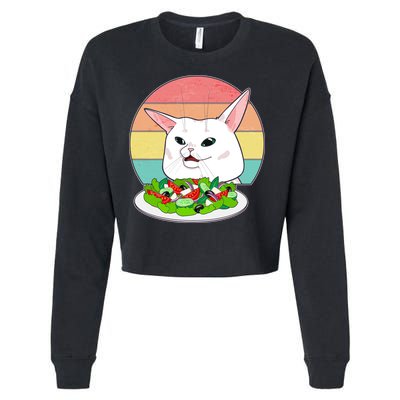 Funny Woman Yelling at Table Cat Meme Cropped Pullover Crew