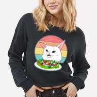 Funny Woman Yelling at Table Cat Meme Cropped Pullover Crew
