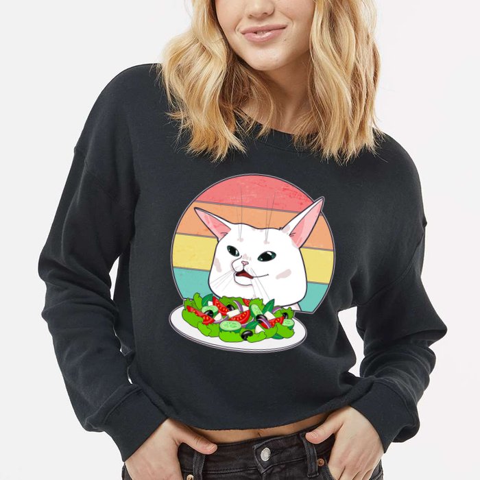 Funny Woman Yelling at Table Cat Meme Cropped Pullover Crew