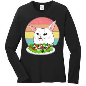 Funny Woman Yelling at Table Cat Meme Ladies Long Sleeve Shirt