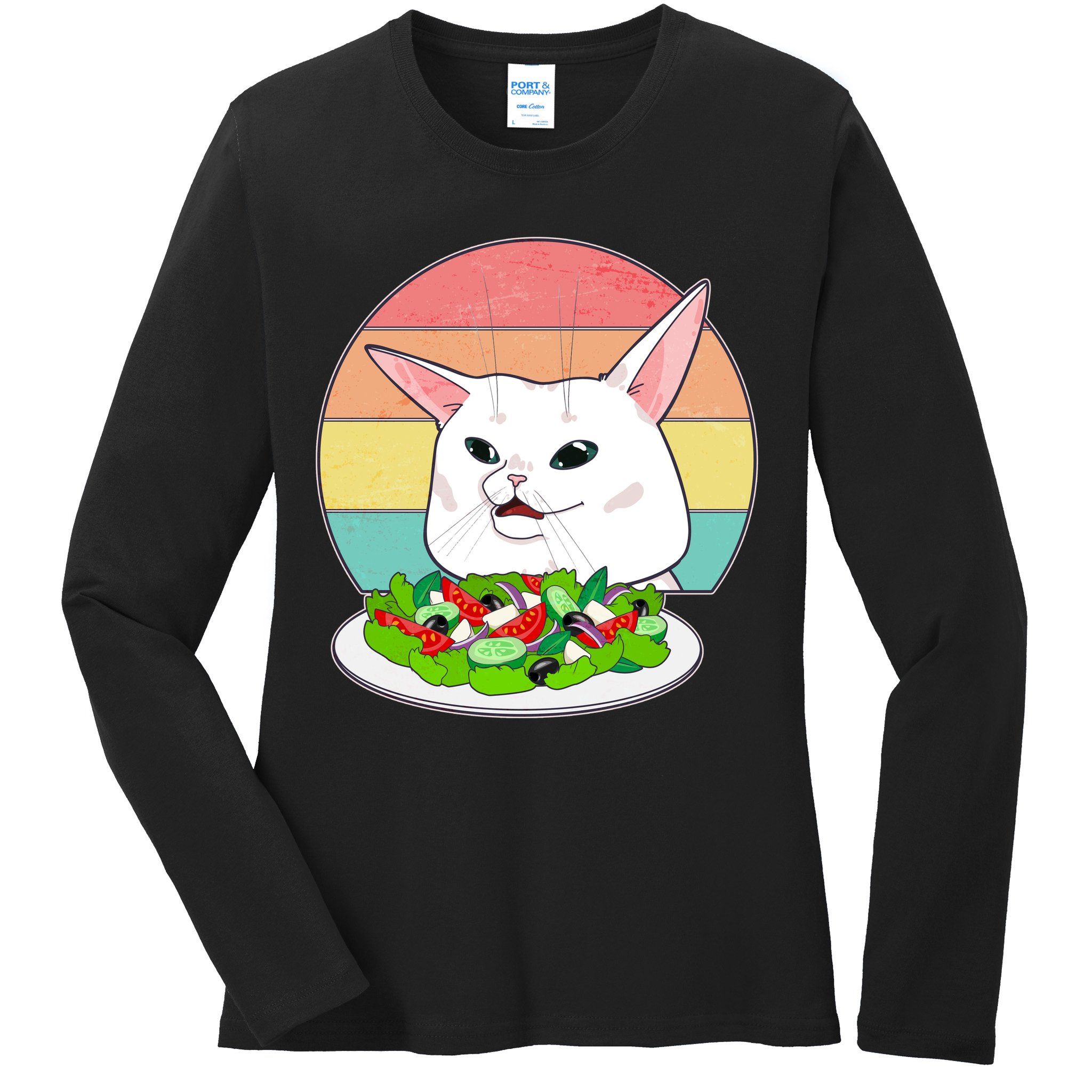 Funny Woman Yelling at Table Cat Meme Ladies Long Sleeve Shirt