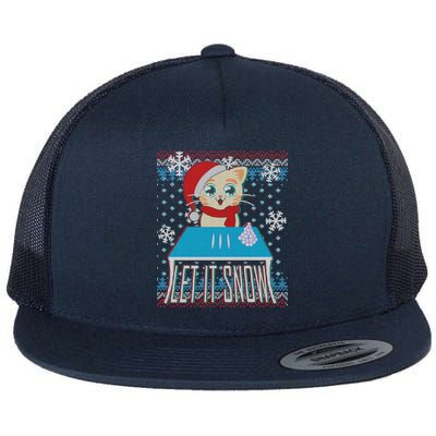 Funny X-Mas Let It Snow Cat Ugly Christmas Sweater Flat Bill Trucker Hat