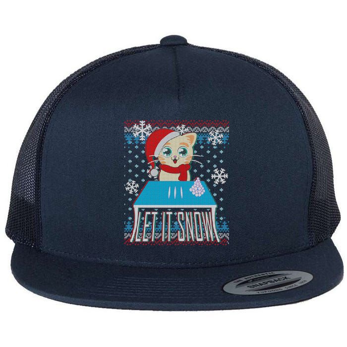 Funny X-Mas Let It Snow Cat Ugly Christmas Sweater Flat Bill Trucker Hat