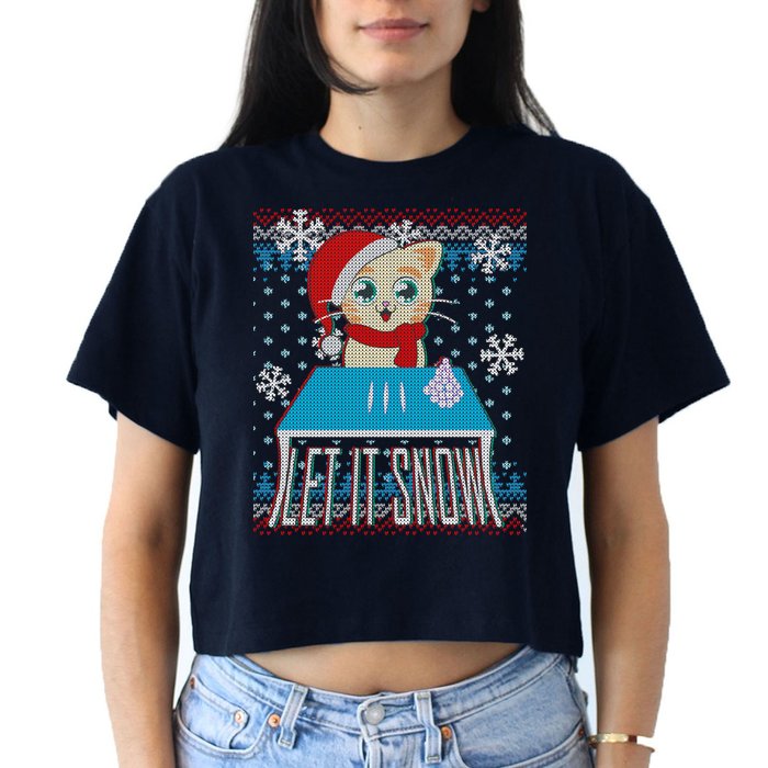 Funny X-Mas Let It Snow Cat Ugly Christmas Sweater Crop Top