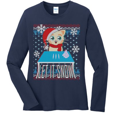 Funny X-Mas Let It Snow Cat Ugly Christmas Sweater Ladies Long Sleeve Shirt