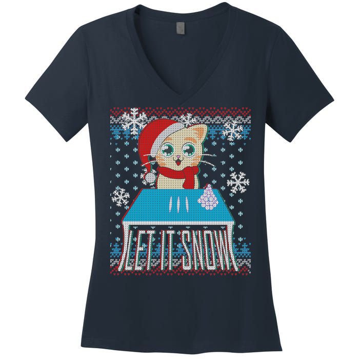 Funny X-Mas Let It Snow Cat Ugly Christmas Sweater Women's V-Neck T-Shirt