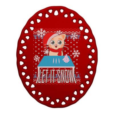 Funny X-Mas Let It Snow Cat Ugly Christmas Sweater Ceramic Oval Ornament