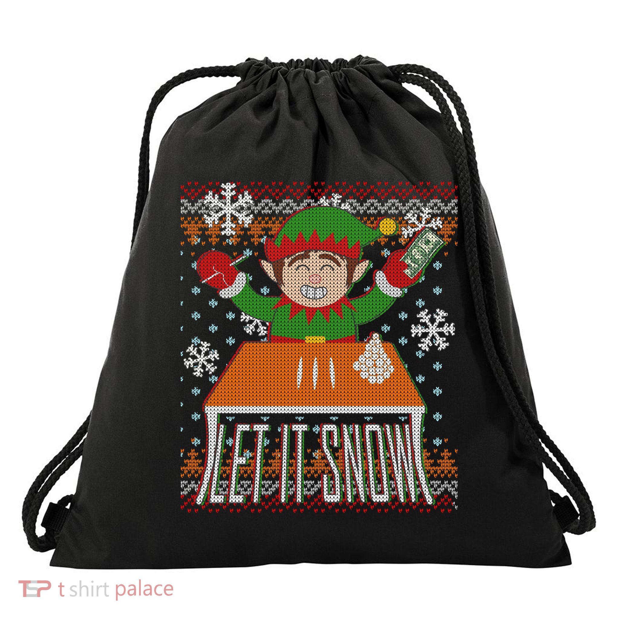 Funny X-Mas Let It Snow Elf Ugly Christmas Sweater Drawstring Bag
