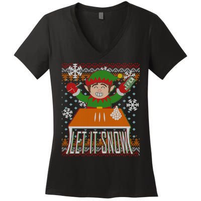 Funny X-Mas Let It Snow Elf Ugly Christmas Sweater Women's V-Neck T-Shirt