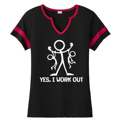 Funny Yes I Work Out Parents and Kids Ladies Halftime Notch Neck Tee