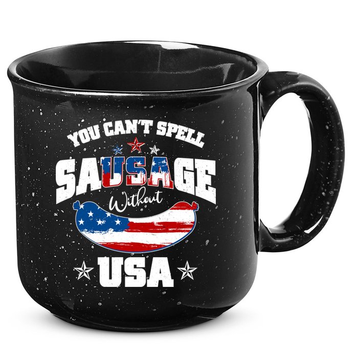 Funny You Can't Spell Sausage Without USA 15oz Campfire Ceramic Mug