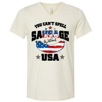 Funny You Can't Spell Sausage Without USA V-Neck T-Shirt