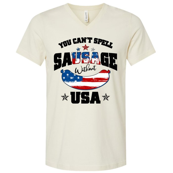 Funny You Can't Spell Sausage Without USA V-Neck T-Shirt