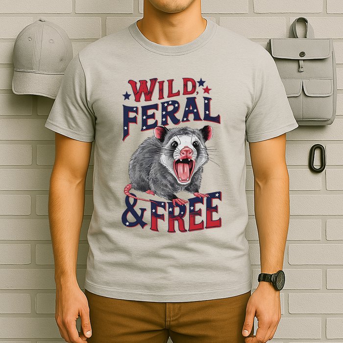 Funny Unhinged Opossum Wild Feral & Free Possum 4th Of July T-Shirt