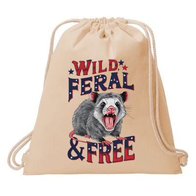 Funny Unhinged Opossum Wild Feral & Free Possum 4th Of July Drawstring Bag