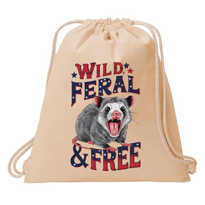 Funny Unhinged Opossum Wild Feral & Free Possum 4th Of July Drawstring Bag