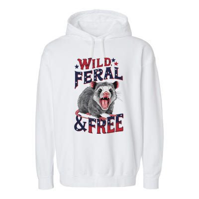 Funny Unhinged Opossum Wild Feral & Free Possum 4th Of July Garment-Dyed Fleece Hoodie