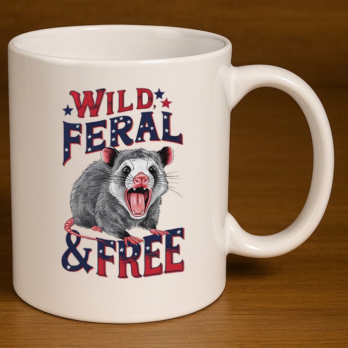 Funny Unhinged Opossum Wild Feral & Free Possum 4th Of July 11oz C Handle Ceramic Mug