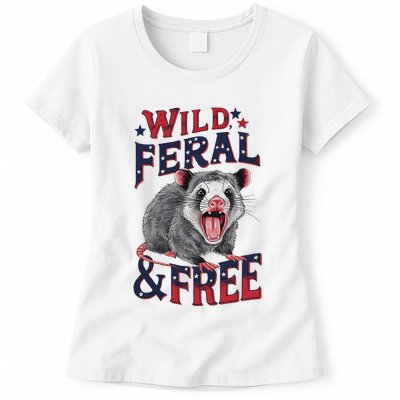 Funny Unhinged Opossum Wild Feral & Free Possum 4th Of July Womens T-Shirt