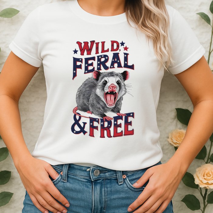 Funny Unhinged Opossum Wild Feral & Free Possum 4th Of July Womens T-Shirt