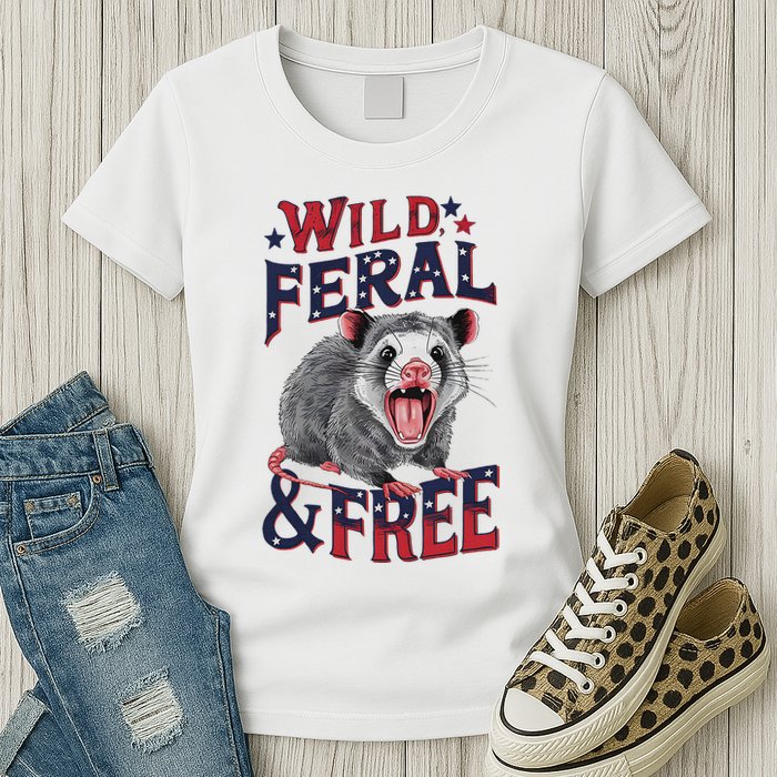 Funny Unhinged Opossum Wild Feral & Free Possum 4th Of July Womens T-Shirt