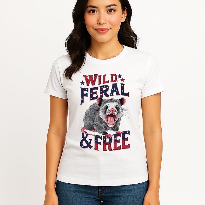 Funny Unhinged Opossum Wild Feral & Free Possum 4th Of July Womens T-Shirt