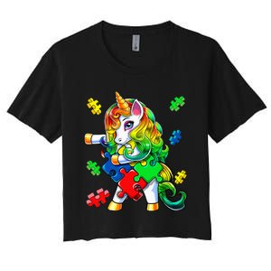 Flossing Unicorn Puzzle Piece Gift for Autism Awareness Women's Crop Top Tee