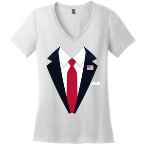 Funny Usa President Trump Suit Easy Halloween Costume Long Sleeve Women's V-Neck T-Shirt