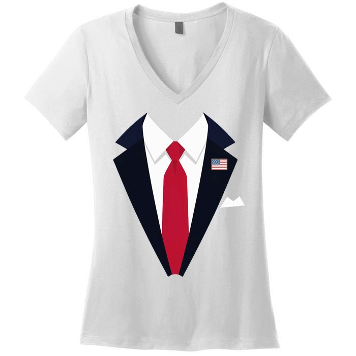 Funny Usa President Trump Suit Easy Halloween Costume Long Sleeve Women's V-Neck T-Shirt