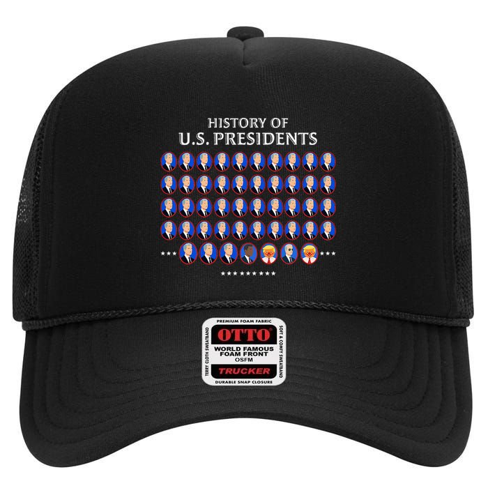 Funny Us Presidents History 1 T0 47 Trump Clown Caricature High Crown Mesh Back Trucker Hat