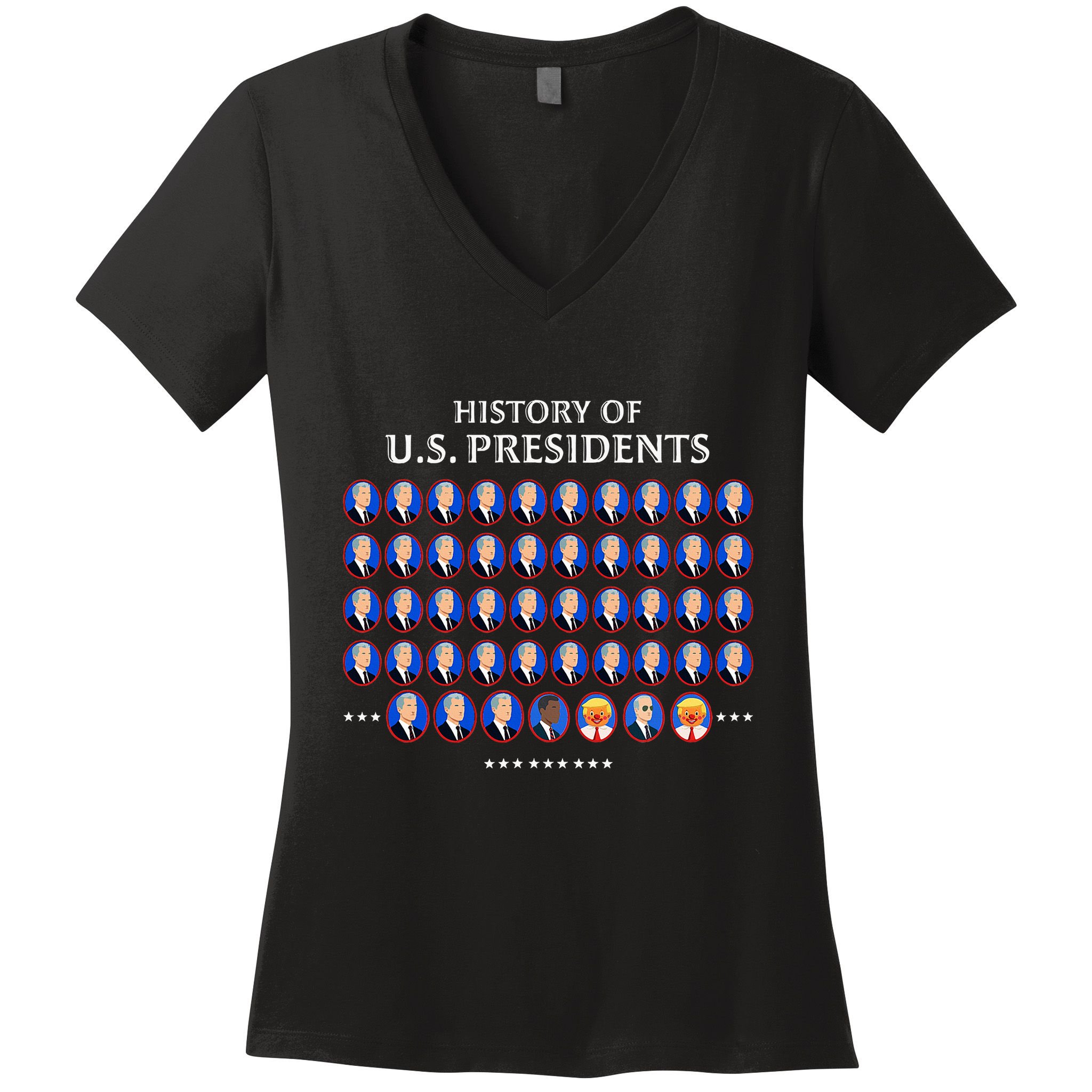 Funny Us Presidents History 1 T0 47 Trump Clown Caricature Women's V-Neck T-Shirt