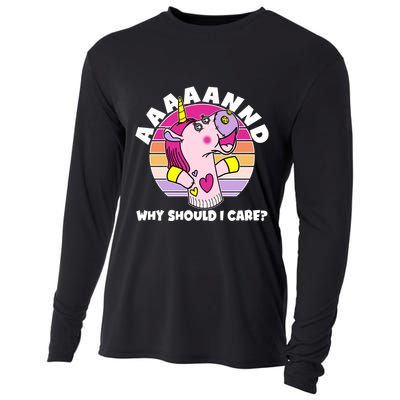 Funny Unicorn Puppet Aaaaand Why Should I Care Cooling Performance Long Sleeve Crew