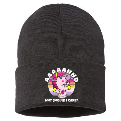 Funny Unicorn Puppet Aaaaand Why Should I Care Sustainable Knit Beanie