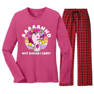 Funny Unicorn Puppet Aaaaand Why Should I Care Women's Long Sleeve Flannel Pajama Set 