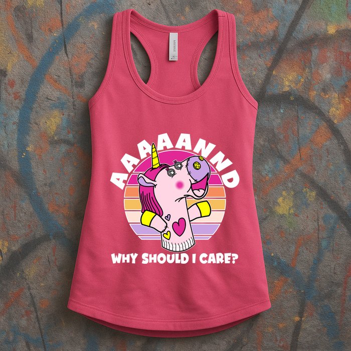 Funny Unicorn Puppet Aaaaand Why Should I Care Womens Tank Top