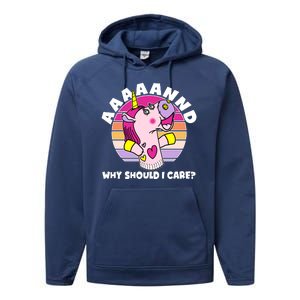 Funny Unicorn Puppet Aaaaand Why Should I Care Performance Fleece Hoodie