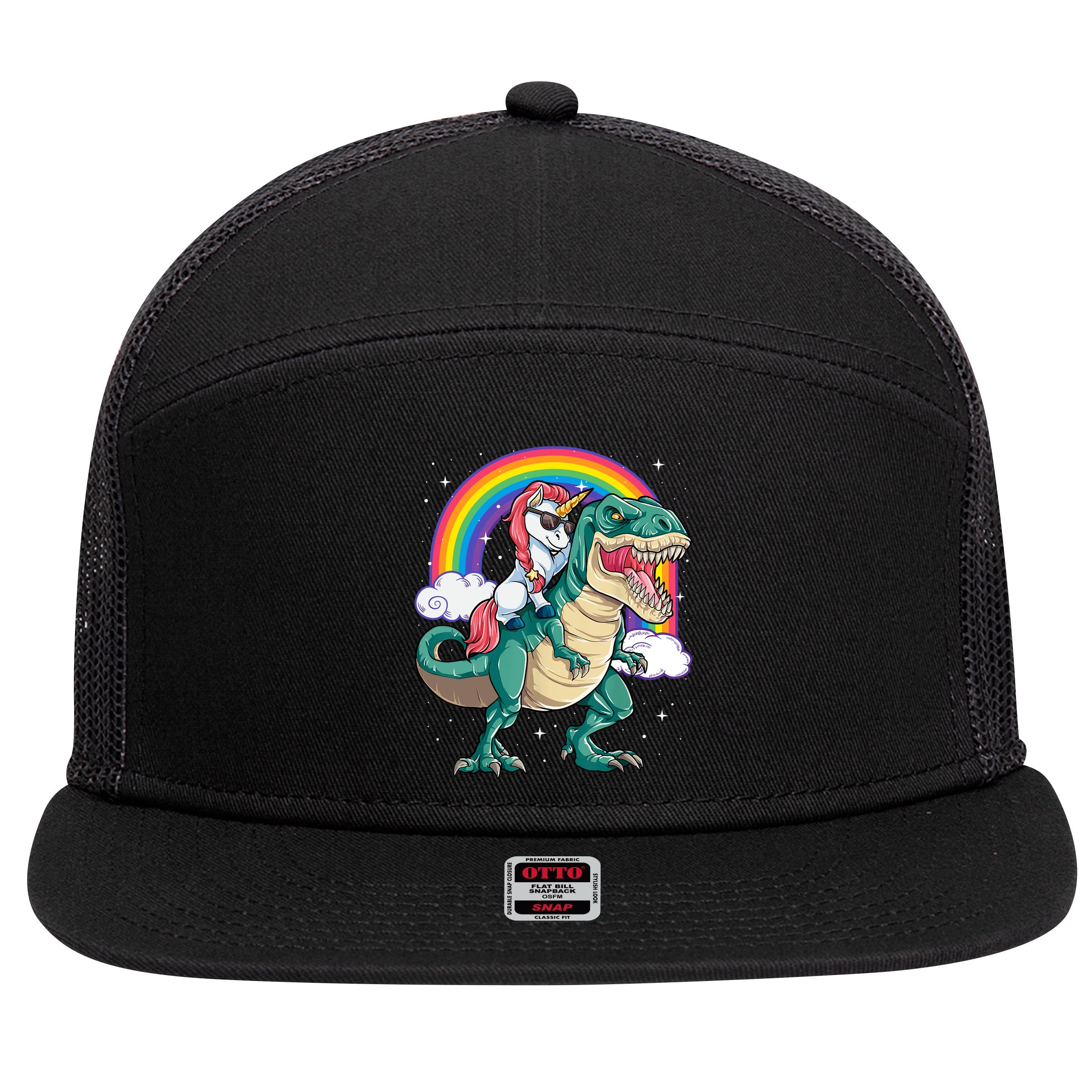 Funny Unicorn Riding T Rex Dinosaur Gift For Boys Girls Men Women Rainbow Gift 7 Panel Mesh Trucker Snapback Hat