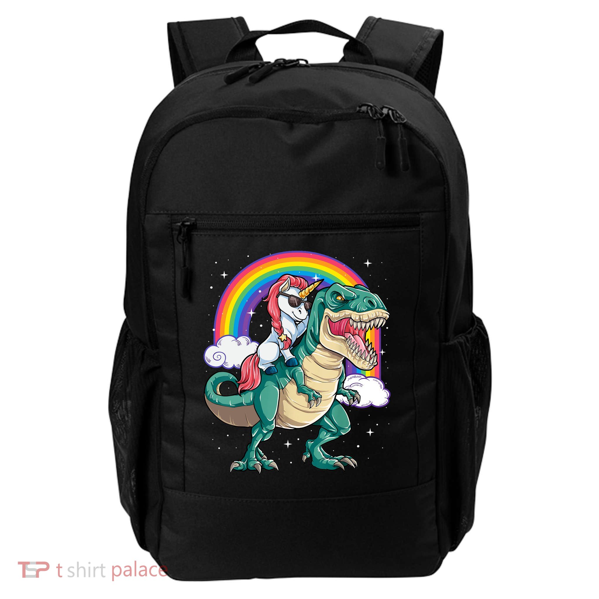 Funny Unicorn Riding T Rex Dinosaur Gift For Boys Girls Men Women Rainbow Gift Backpack